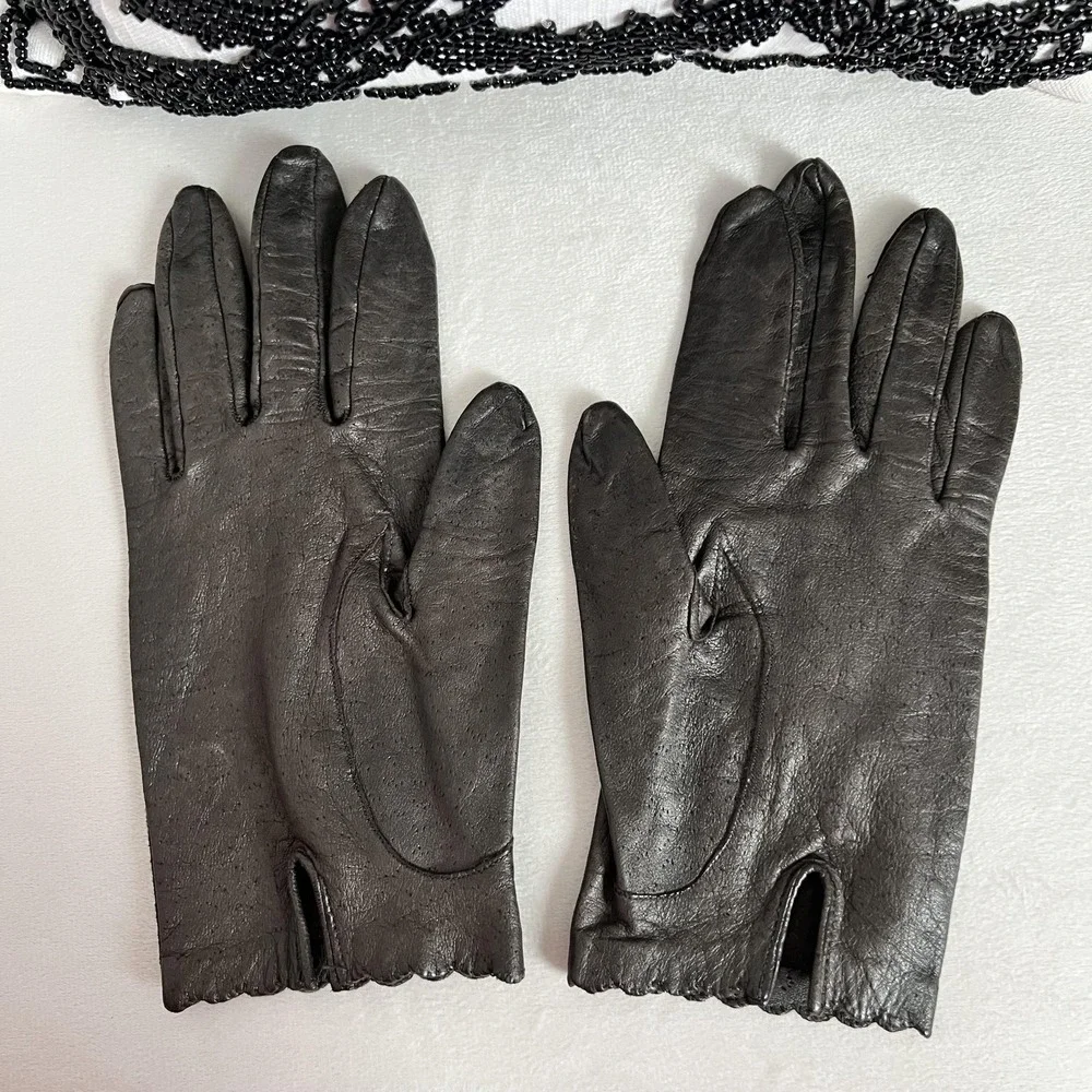 Vintage Van Raalte Leather Gloves Womens‎ 7.5 Brown Dress Scalloped 80s 90s